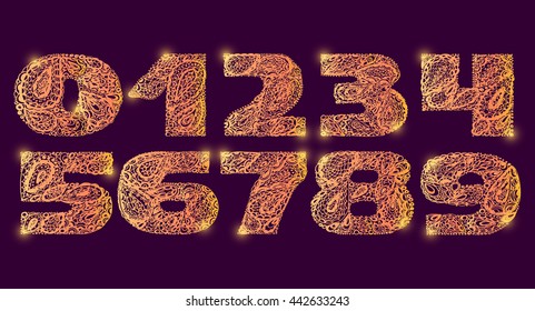 Numbers decorative set with a paisley zen doodle tattoo ornaments filling. Display numeric. Hand drawn graphic elements in old fashion vintage style. Used for quote lettering. Violet gold colors.