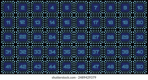 Numbers, design 1 to 50 blue digital pixels