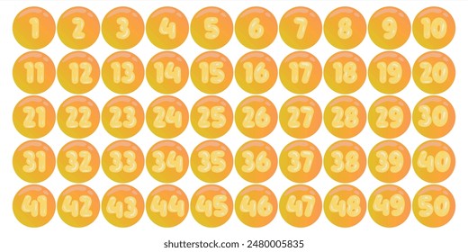 Numbers, design 1 to 50 orange gradient glossy bubbles