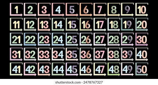 Numbers, design 1 to 50 pastel color icons, full color