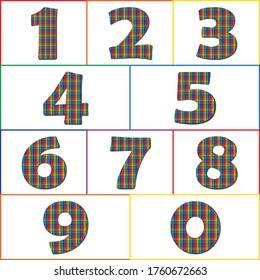 Numbers. Digits from 0 to 9. Each digit is made of multi-colored crossed stripes on a black background. Vector design for banner, presentation, web page, card, labels or posters.