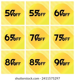 Numbers Discounts Set - Ball in Diagonal Stripes Label in Square Shaped Image of 50%, 55%, 60%, 65%, 70%, 75%, 80%, 85% and 90% off. Orange and Yellow Background