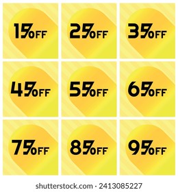 Numbers Discounts Set - Ball in Diagonal Stripes Label in Square Shaped Image of 15%, 25%, 35%, 45%, 55%, 65%, 75%, 85% and 95% off. Orange and Yellow Background