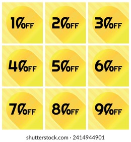 Números Descuentos Set - Ball en etiqueta de franjas diagonales en imagen cuadrada de 10%, 20%, 30%, 40%, 50%, 60%, 70%, 80% y 90% de descuento. Fondo naranja y amarillo