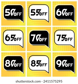 Numbers Discount Set - Black and White Speech Bubble Label in Square Shaped Image von 50%, 55%, 60%, 65%, 70%, 75%, 80%, 85% und 90% Rabatt. orangefarbener und gelber Hintergrund
