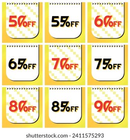 Numbers Discounts Set - Calendar Label in Square Shaped Image of 50%, 55%, 60%, 65%, 70%, 75%, 80%, 85% and 90% off. Orange and Yellow Background