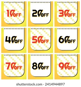 Numbers Discounts Set - Calendar Label in Square Shaped Image of 10%, 20%, 30%, 40%, 50%, 60%, 70%, 80% and 90% off. Orange and Yellow Background