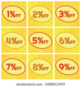 Numbers Discounts Set - Oval into Down Triangles Label in Square Shaped Image of 1%, 2%, 3%, 4%, 5%, 6%, 7%, 8% and 9% off. Orange and Yellow Background