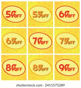 Números Descuentos Establecidos - Etiqueta de Oval en triángulos descendentes en imagen cuadrada de 50%, 55%, 60%, 65%, 70%, 75%, 80%, 85% y 90% de descuento. Fondo naranja y amarillo