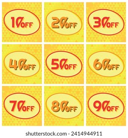 Numbers Discounts Set - Oval into Down Triangles Label in Square Shaped Image of 10%, 20%, 30%, 40%, 50%, 60%, 70%, 80% and 90% off. Orange and Yellow Background