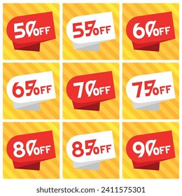 Numbers Discounts Set - Red and White Coupon Label in Square Shaped Image of 50%, 55%, 60%, 65%, 70%, 75%, 80%, 85% and 90% off. Orange and Yellow Background