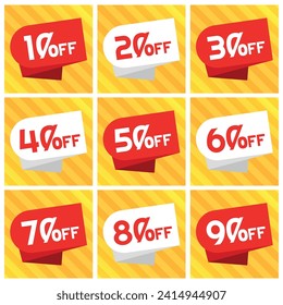 Numbers Discounts Set - Red and White Coupon Label in Square Shaped Image of 10%, 20%, 30%, 40%, 50%, 60%, 70%, 80% and 90% off. Orange and Yellow Background