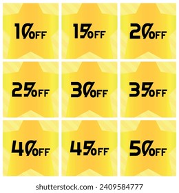 Números Descuentos Set - Estrella en etiqueta de franjas diagonales en imagen cuadrada con 10%, 15%, 20%, 25%, 30%, 35%, 40%, 45% y 50% de descuento. Fondo naranja y amarillo