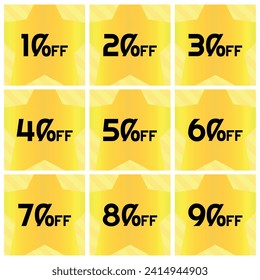 Numbers Discounts Set - Star in Diagonal Stripes Label in Square Shaped Image of 10%, 20%, 30%, 40%, 50%, 60%, 70%, 80% and 90% off. Orange and Yellow Background