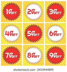 Numbers Discounts Set - Starburst Stamp Label in Square Shaped Image of 10%, 20%, 30%, 40%, 50%, 60%, 70%, 80% and 90% off. Orange and Yellow Background