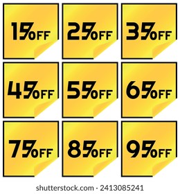 Numbers Discounts Set - Sticker Label with transparent tip in Square Shaped Image of 15%, 25%, 35%, 45%, 55%, 65%, 75%, 85% and 95% off. Orange and Yellow Background