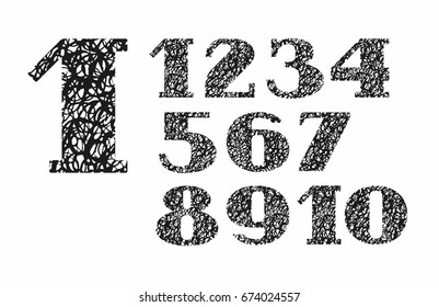 Numbers, doodles texture, imitation, vector. Figures with serifs. Black letters on a white background. 