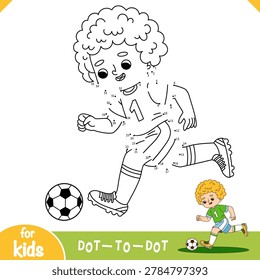Numbers dot to dot game with cute cartoon footballer boy and a ball. Connect the dots to complete the image. A fun educational game for coloring and number practice about sport