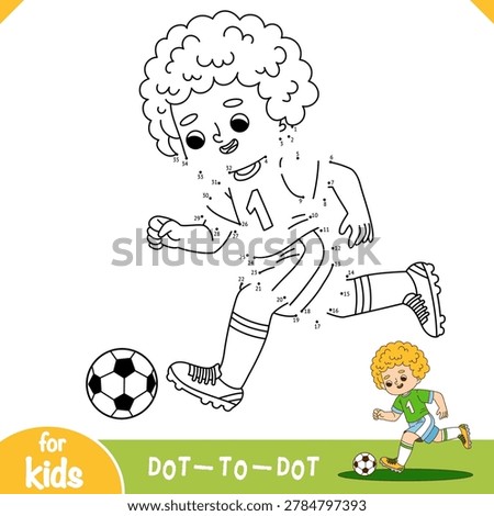 Numbers dot to dot game with cute cartoon footballer boy and a ball. Connect the dots to complete the image. A fun educational game for coloring and number practice about sport