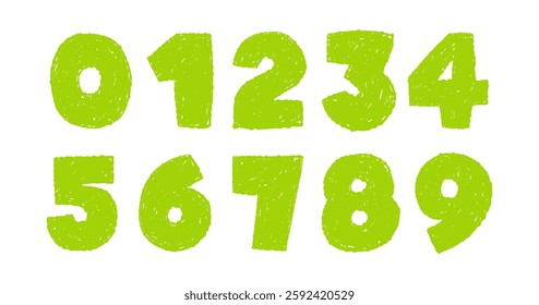 Numbers drawing in pencil or wax chalk. Hand drawn scribble kid typescript numbers. Wax crayon numbers  for kindergarten, school. 