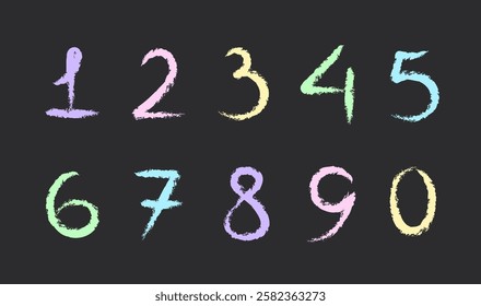 Numbers drawn with colored chalk on the blackboard. Set of numbers drawn with crayons by children. Children numbers. Chalk style for educational banners, kindergarten, book covers. Vector illustration