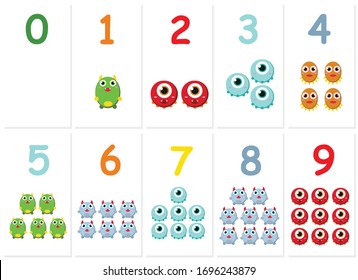numbers with examples with cute monsters. educational page with mathematical numbers for children