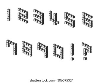 Numbers, a exclamation mark and a question mark consisted of three-dimensional cubes in black and grey colors.