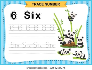 Numbers exercise with cartoon vocabulary.Trace number design for learning handwriting illustration  vector