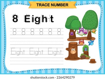Numbers exercise with cartoon vocabulary.Trace number design for learning handwriting illustration  vector