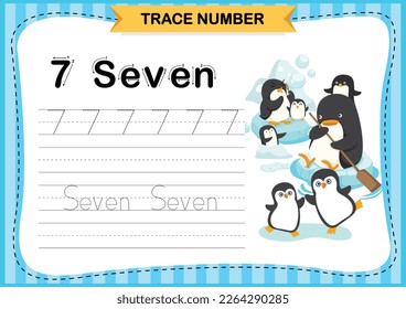 Numbers exercise with cartoon vocabulary.Trace number design for learning handwriting illustration  vector