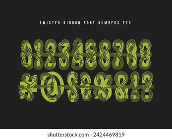 Numbers and extra characters for creative vector font set with twisted ribbon lines wrapped around the symbols.