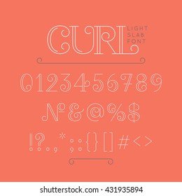 Numbers and extra characters for a font, question mark, exclamation point, ampersand. Vintage alphabet font. Fashionable modern type Curl. The letters of the Latin alphabet. Vector symbols.