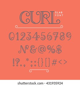 Numbers and extra characters for a font, question mark, exclamation point, ampersand. Vintage alphabet font. Fashionable modern type Curl. The letters of the Latin alphabet. Vector symbols.