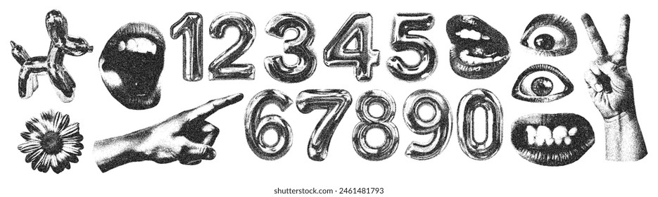 Numbers, eyes and hands with halftone photocopy stipple effect, for y2k nostalgia collage design. Vector illustration with dotted halftone vintage design for sale banner