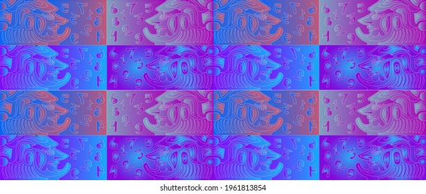 Numbers and faces on a blue-purple horizontal background. Use for design and textures
