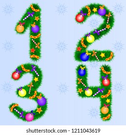 Numbers of fir branches with New Year's toys
