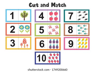 Numbers flash cards for kids. Cut and match pictures with numbers by colors. Funny educational game for toddlers. Math flashcards. Vector illustration