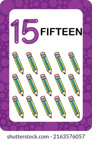 Numbers Flashcards. Number Fifteen Educational math card for children. Learn Counting numbers.