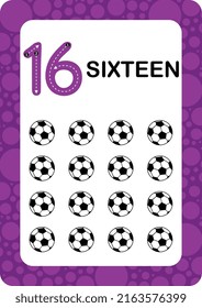 Numbers Flashcards. Number Sixteen Educational math card for children. Learn Counting numbers.