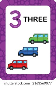 Numbers Flashcards. Number Three Educational Math Card For Children. Learn Counting Numbers.