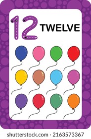 Numbers Flashcards. Number Twelve Educational Math Card For Children. Learn Counting Numbers.