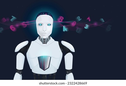 Numbers float into the artificial intelligence robot's head. Illustration about AI learning machine. Fast calculation with the input of more data and passwords.