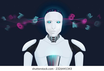 Numbers float into the artificial intelligence robot's head. Illustration about AI learning machine. Fast calculation with the input of more data and passwords.