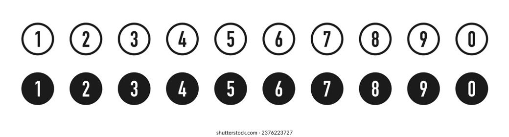 Numbers font, from 0 to 9 set black icons in a circle. Isolated vector
