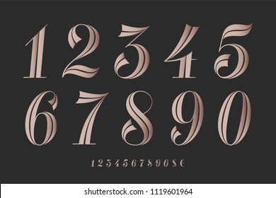 Numbers font. Classical elegant font of numbers with contemporary geometric design. Beautiful elegant retro stencil numeral, dollar and euro symbols. Vintage and retro typographic. Vector Illustration