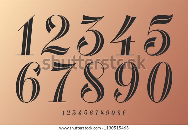 数字のフォント 現代のビンテージデザインを持つ 古典的な数字のエレガントなフォント レトロなステンシルの数字 ドル ユーロの 記号が美しい ビンテージとレトロな活字体 ベクターイラスト のベクター画像素材 ロイヤリティフリー