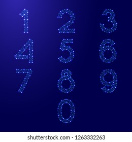 The numbers font set from 0 to 9 from futuristic polygonal blue lines and glowing stars for banner, poster, greeting card. Vector illustration.