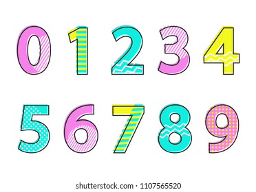 Numbers Font type sammlung numerischer Zeichen, mehrfarbige dekorative Elemente mit Streifen Muster, Vektorgrafik einzeln auf weißem Hintergrund