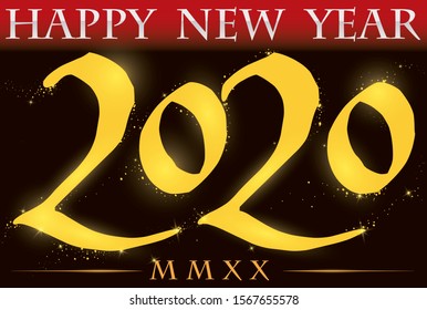 Numbers formed with gold dust and glows welcoming the New Year 2020 (written in Roman numerals) with a greeting message.