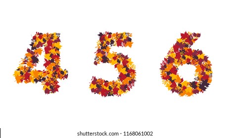 Numbers four, five and six from fallen leaves. Autumn vector illustration isolated on white background. Part 2.